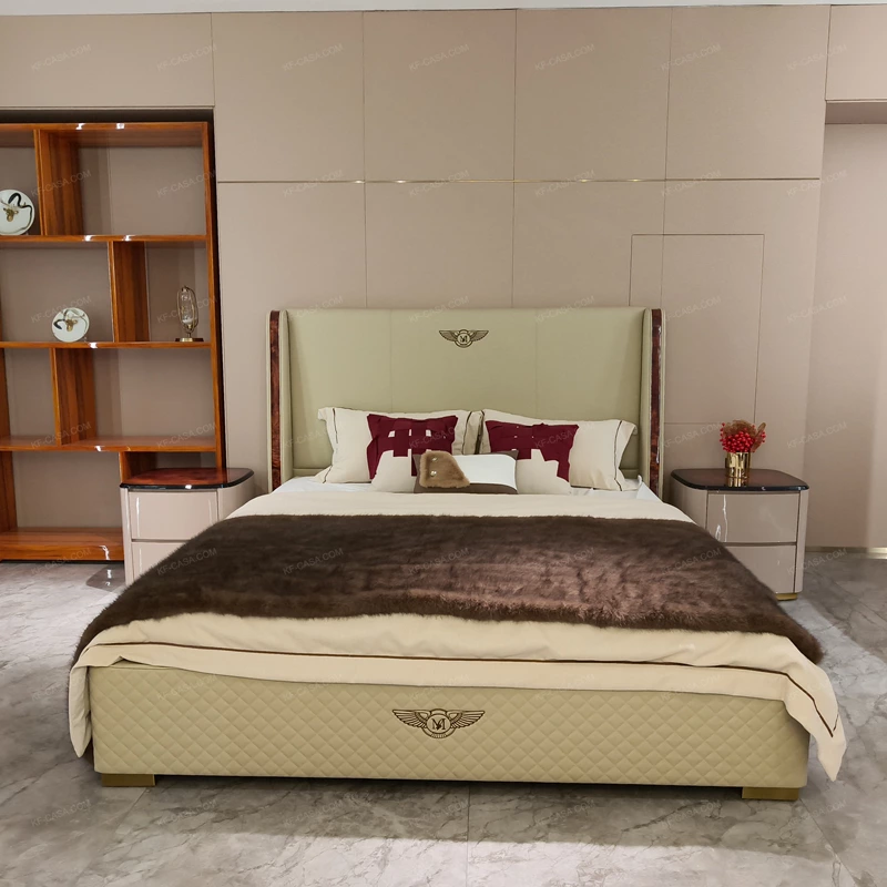 Light Beige Upholstered Bed with Quilted Texture, Natural Wood Veneer Trim & Metal Emblem Accents